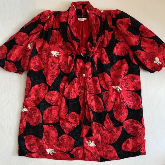 {VTG} Saint Romei | Silk Floral Open Front Tie Puff Sleeve Kimono Tunic Top 8 - Picture 16 of 16